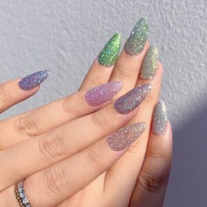blue purple green glitter nails