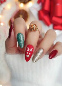 red and blue Christmas holiday nail design