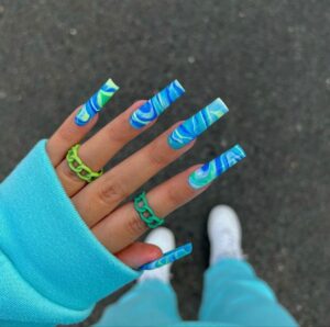 blue and green water marble nails