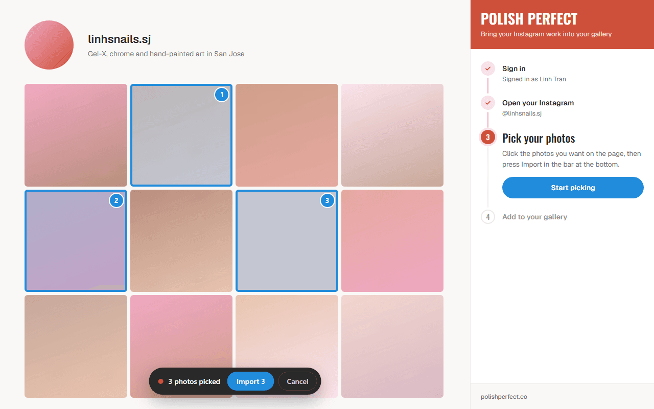 The extension's side panel next to an Instagram photo grid, with three photos picked and an Import button at the bottom.