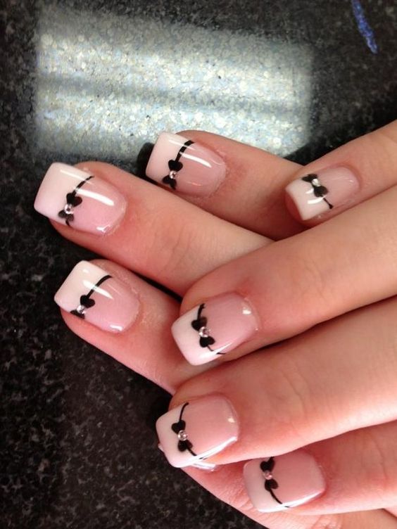 Acrylic French Tips Black Bows